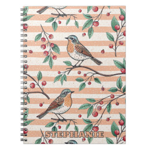 Caderno Espiral Padrão de Galho de Baga de Pássaro Cantante Pêsseg