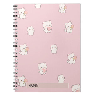 Caderno Espiral Padrão de Gato Branco Fofo – Corações e Flores Kaw