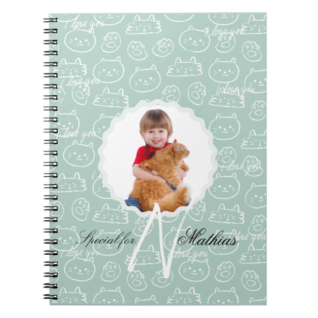 Caderno Espiral Padrão de Gato Monograma Personalizado com Foto do (Frente)