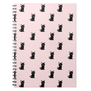 Caderno Espiral Padrão de Gato Preto Fofo em Rosa Pastel