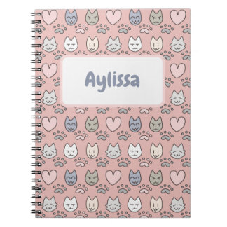 Caderno Espiral Padrão de Gato Rosa Pastel Kawaii