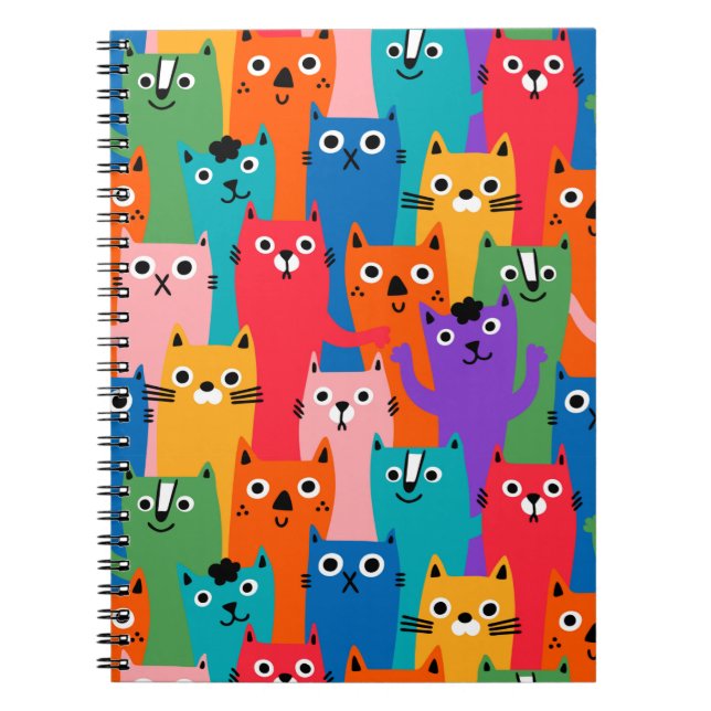 Caderno Espiral Padrão de gatos coloridos (Frente)