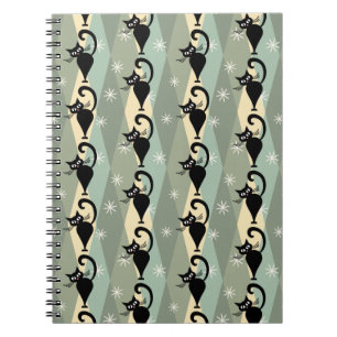 Caderno Espiral padrão de gatos pretos do meio século