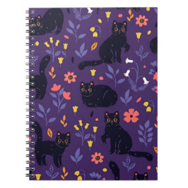 Caderno Espiral padrão de Gatos Pretos e Flores Silvestres
