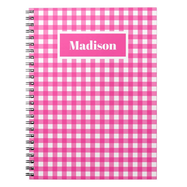 Caderno Espiral Padrão de Gingham de pré-disquete rosa quente (Frente)