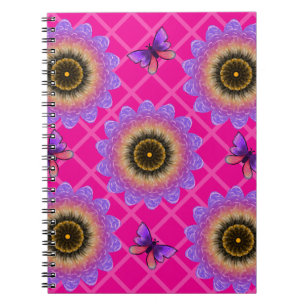 Caderno Espiral Padrão de Girassol e Borboleta em Veludo Roxo