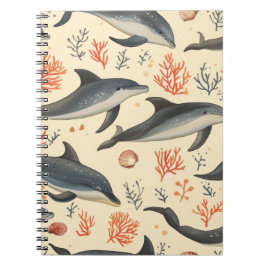 Caderno Espiral Padrão de Golfinho em Aquarela Costa Oceano Coral