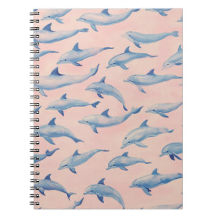 Caderno Espiral Padrão de Golfinho em Aquarela Costa Praia Oceano