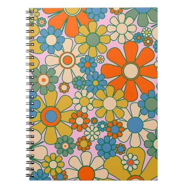 Caderno Espiral Padrão de Groovy Floral 60s 70s (Frente)