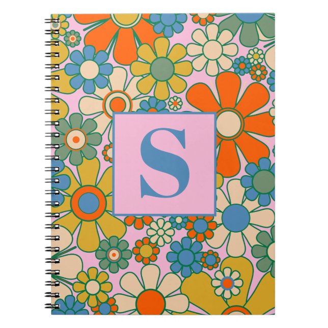 Caderno Espiral Padrão de Groovy Floral 60s 70s (Frente)