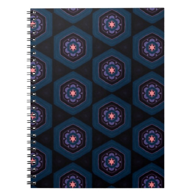 Caderno Espiral Padrão de Hexagonal com Flores Rosa e Azul (Frente)