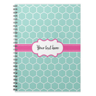 Caderno Espiral Padrão de Hexágono Girly Turquoise com Monograma