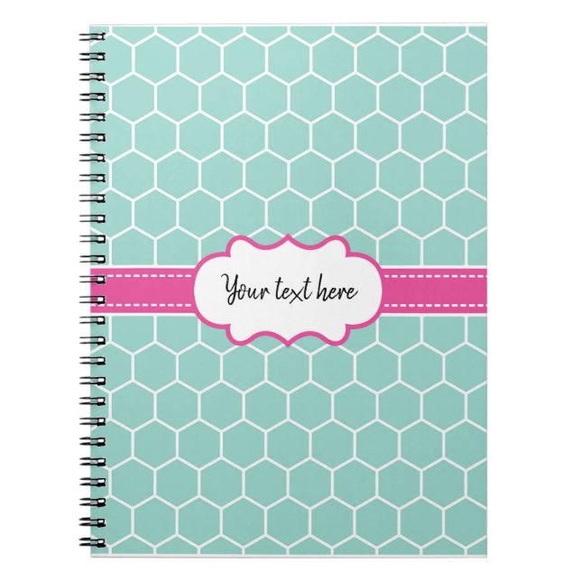 Caderno Espiral Padrão de Hexágono Girly Turquoise com Monograma (Frente)