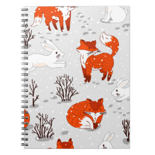 Caderno Espiral Padrão de inverno sem costura com raposas e coelh