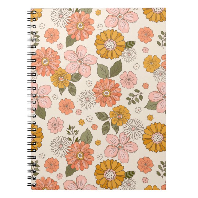 Caderno Espiral Padrão de Jardim de Flor Rosa e Laranja (Frente)