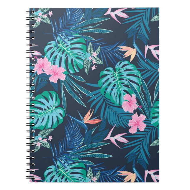 Caderno Espiral Padrão de Jardim de Flor Tropical Azul (Frente)