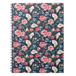 Caderno Espiral Padrão de Jardim Floral Azul Naval Romântico