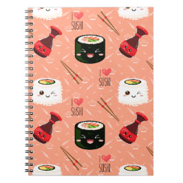 Caderno Espiral Padrão de Kawaii Sushi, cor-de-rosa-branca