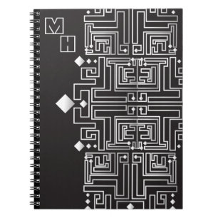 Caderno Espiral Padrão de Labirinto Preto e Branco Monogramado