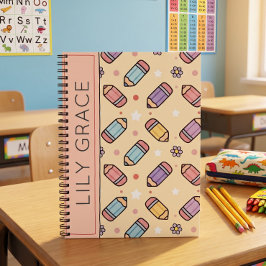 Caderno Espiral Padrão de Lápis de Desenho Animado de Volta às Aul