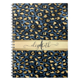 Caderno Espiral Padrão de Leopardo Azul Dourado Monograma