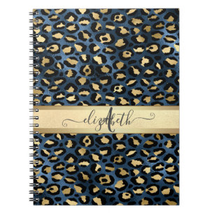Caderno Espiral Padrão de Leopardo Azul Dourado Monograma