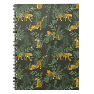 Caderno Espiral Padrão de leopardo da selva e folhas da selva