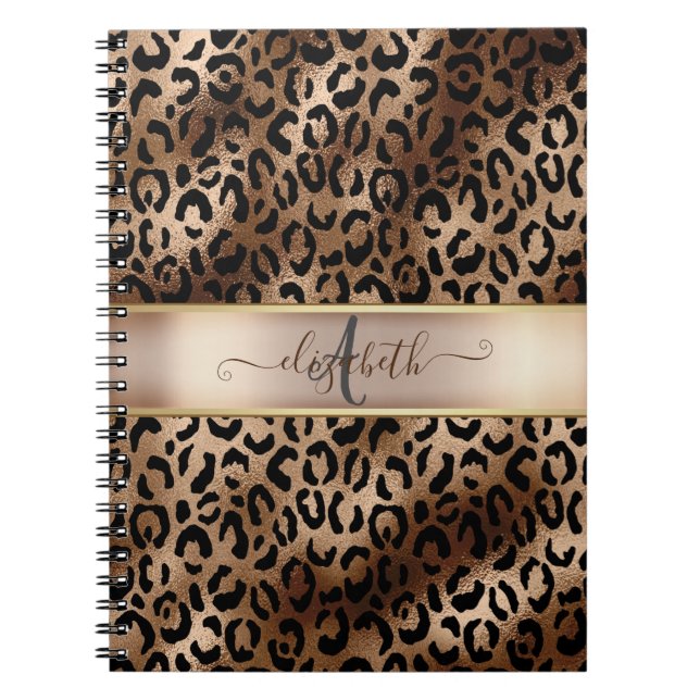 Caderno Espiral Padrão de Leopardo Preto Bronze Monograma     (Frente)