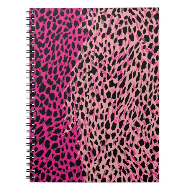 Caderno Espiral Padrão de leopardo rosa, animal têxtil, backgrogue (Frente)