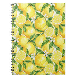 Caderno Espiral Padrão de Limão em Aquarela Brilhante