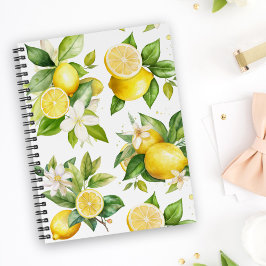Caderno Espiral Padrão de limão, flores de limão, folhas, citrinos