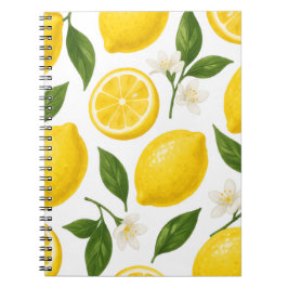 Caderno Espiral Padrão de Limão Fresco com Folhas e Flores