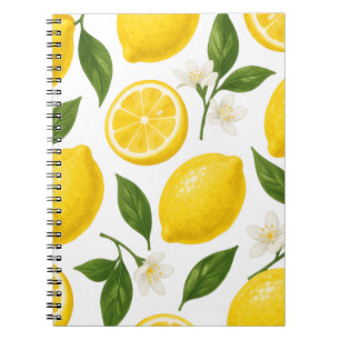 Caderno Espiral Padrão de Limão Fresco com Folhas e Flores