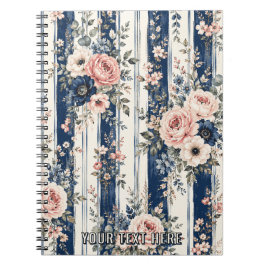 Caderno Espiral Padrão de Listra Floral Azul Água Marinha com Text