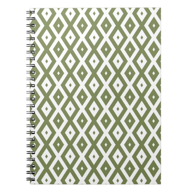 Caderno Espiral Padrão de losango verde-oliva e branco (Frente)
