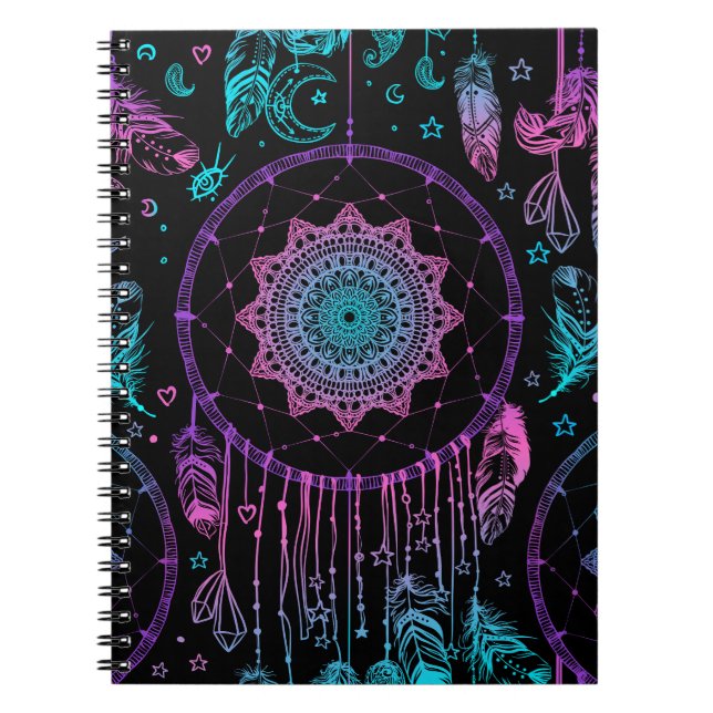 Caderno Espiral Padrão de Lua Nativo Americano de Dreamcatcher (Frente)