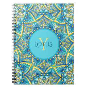 Caderno Espiral Padrão de Mandala Floral de Turquesa Azul Monogram