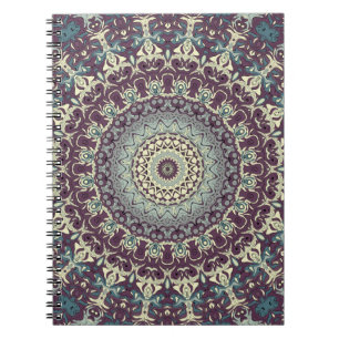 Caderno Espiral Padrão de Mandala Roxo Turquesa e Creme