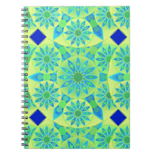 Caderno Espiral Padrão de Mandala, turquesa, azul, verde limão