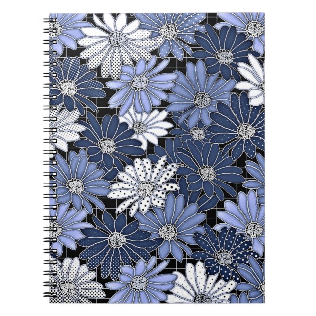 Caderno Espiral Padrão de margarida azul e branco (Frente)