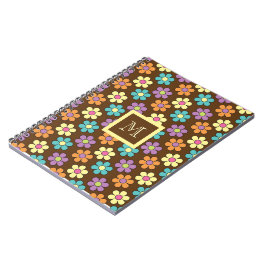 Caderno Espiral Padrão de Margarida Pastel em Marrom com Monograma
