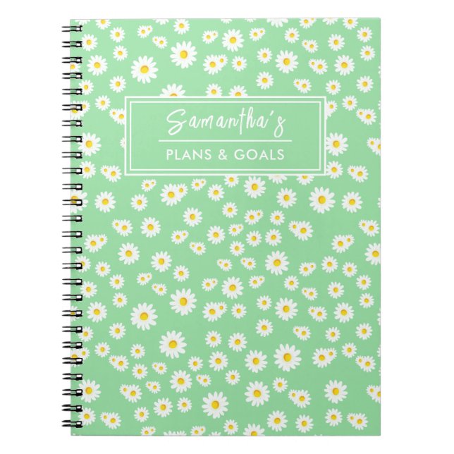 Caderno Espiral Padrão de Margaridas Boho Verdes de Primavera (Frente)