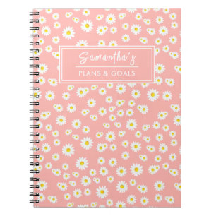 Caderno Espiral Padrão de Margaridas da Primavera Rosa Coral Boho