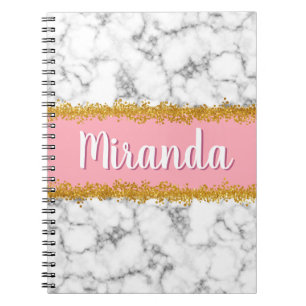 Caderno Espiral Padrão de mármore a rosa com brilho Dourado