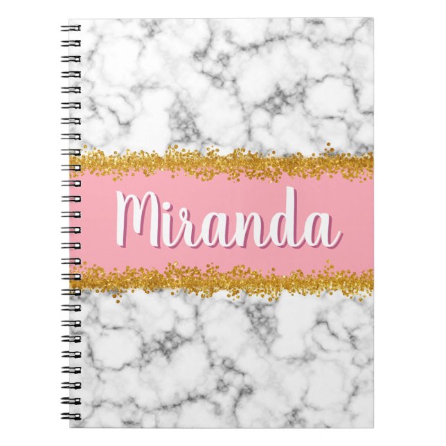 Caderno Espiral Padrão de mármore a rosa com brilho Dourado (Frente)