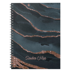 Caderno Espiral Padrão de mármore azul escuro Rosa Mauve Dourado
