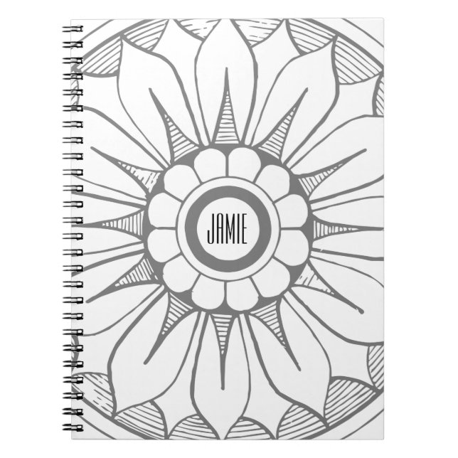 Caderno Espiral Padrão de Medalhão Moderno Monograma e Cinza Rosa (Frente)