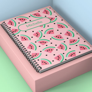 Caderno Espiral Padrão de melancia Nome personalizado cor-de-rosa
