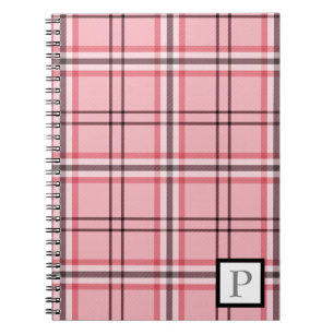 Caderno Espiral Padrão de Moda Xadrez Rosa Chic e Cinza