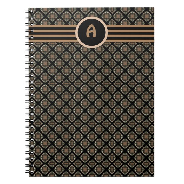 Caderno Espiral Padrão de Monograma Clássico Preto e Dourado (Frente)